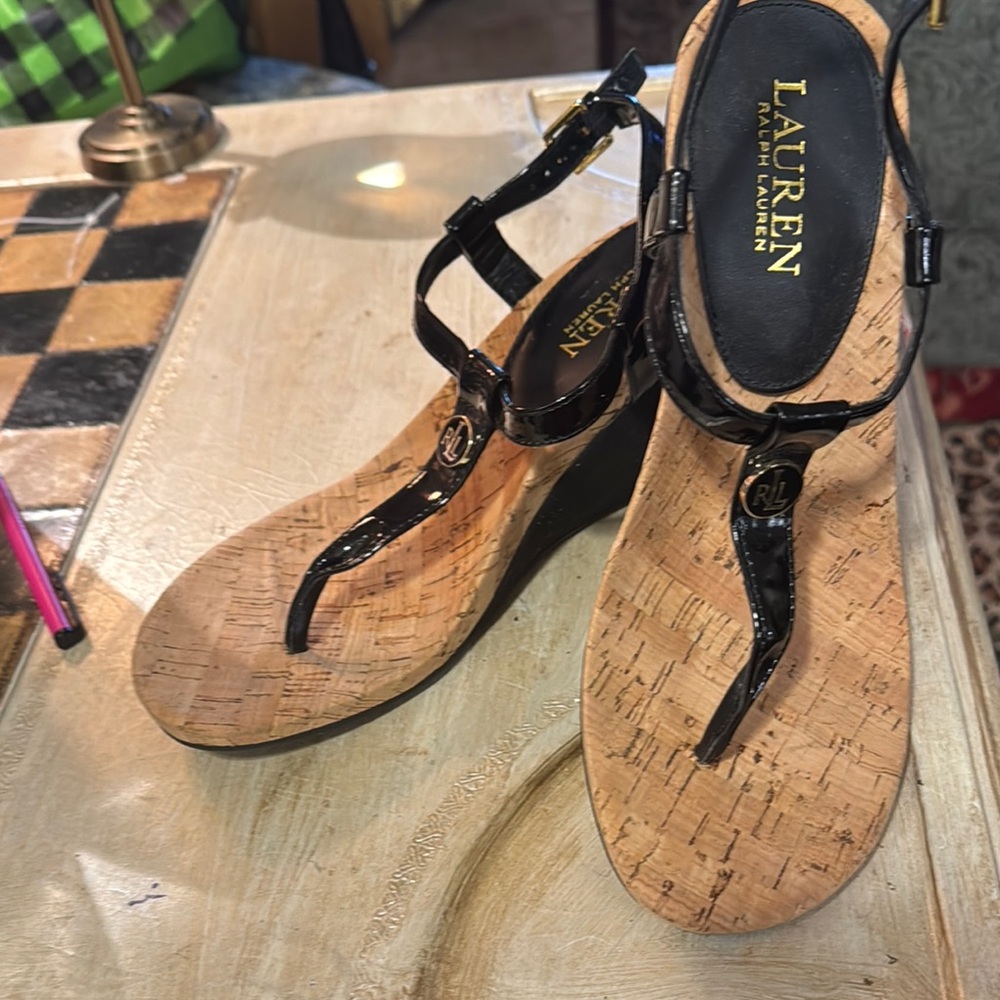 Lauren Ralph Lauren Black Patent Cork Wedge Thong Sandals
